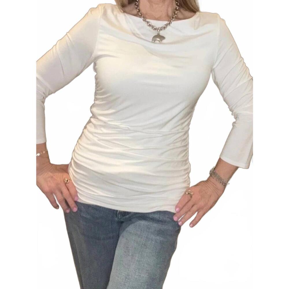 NEW MAC & ME long sleeve boatneck ruched side top in white